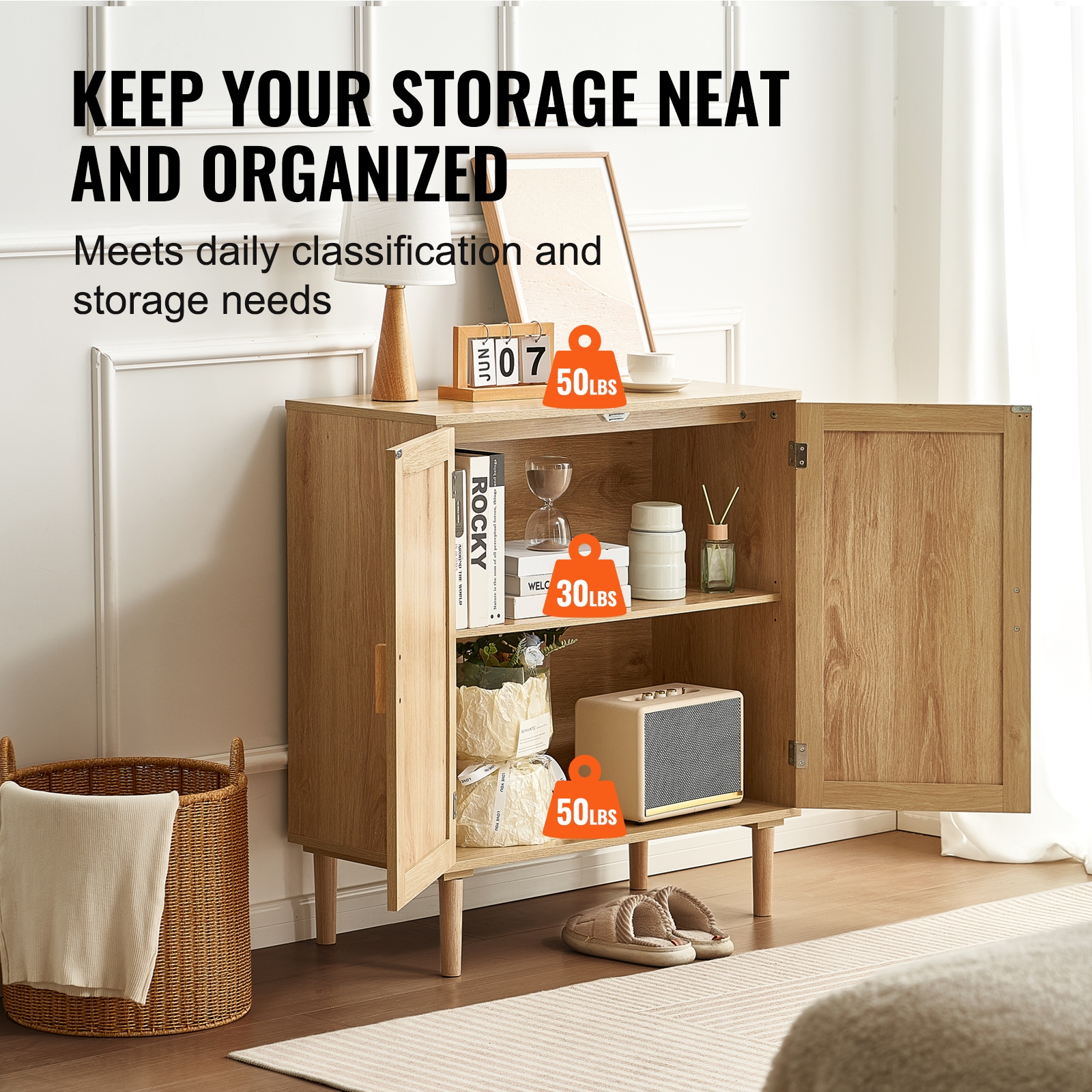 Rattan Storage Cabinet With Magnetic Doors And Adjustable Shelves_voghion.com